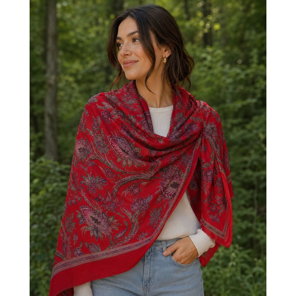 Vintage Red Floral Paisley Scarf Shawl Wrap | Boho Statement | 46" x 46" Square